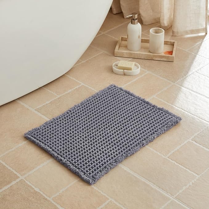 Triohero Waffle Bath Mat, Small Boho Bathroom Rugs Non Slip Washable, Ultra Soft Super Absorbent Quick Dry Farmhouse Bathroom Decor, 16" x 24", Dark Grey