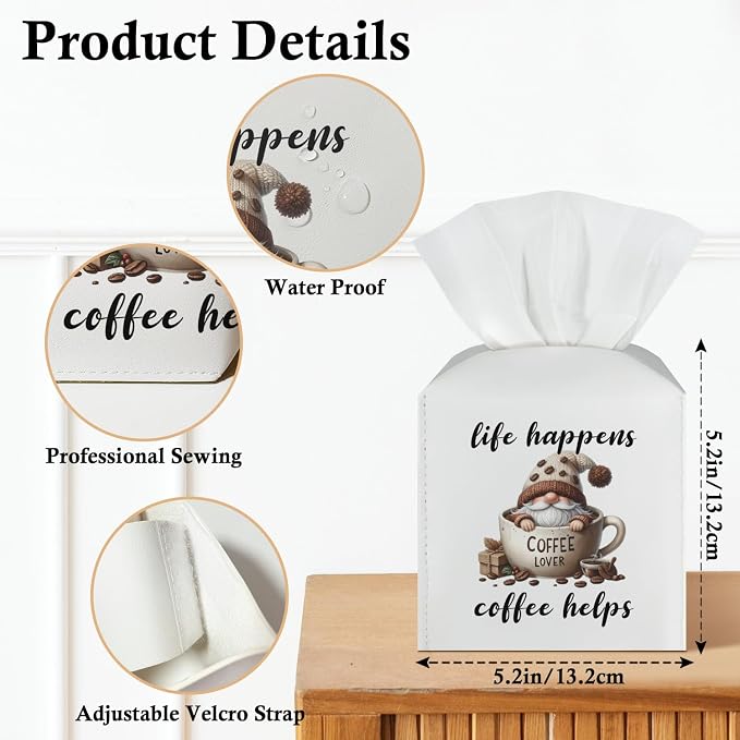 Coffee Gnomes Tissue Box Covers Square, Leather Tissue Box Holders Decorative for Home Kitchen Bar Station Organizer, Coffee Lover Gifts Square Facial Paper Organizer Home Decor -033