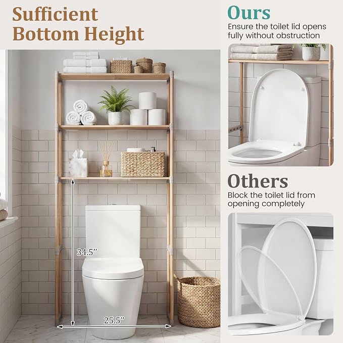 Giantex Over The Toilet Storage Shelf, 3-Tier Pine Wood Space-Saving Above Toilet Shelf Rack, Freestanding Over Toilet Bathroom Organizer for Laundry, Balcony, Restroom