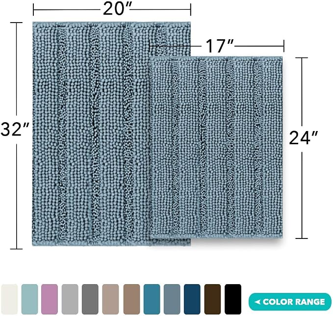 Turquoize Chenille Bath Rugs Shaggy Bathroom Rugs Non Slip Bath Rugs for Bathroom 20 x 32 and 17 x 24 Stone Blue Bath Rug Extra Soft and Absorbent Area Rug, (20" x 32" and 17" x 24"), Stone Blue