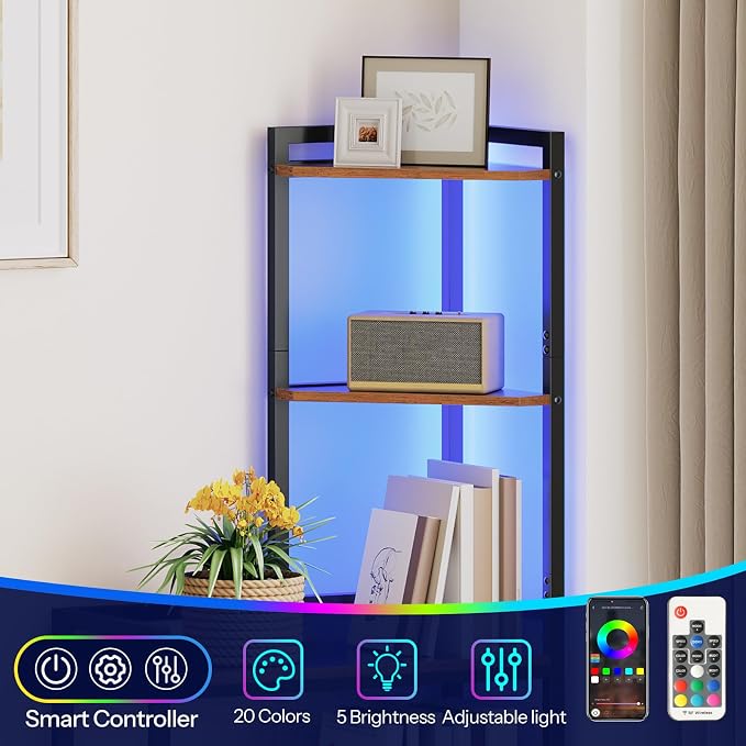 HOOBRO 5-Tier Corner Shelf Stand, Corner Shelf with LED Light, 56.3" Tall Corner Bookshelf, Display Rack Storage Organizer with Table, for Small Spaces, Living Room, Entryway, Rustic Brown BF69DCJ01