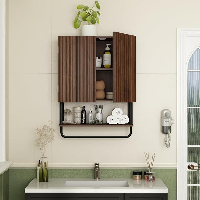 RUSTOWN Fluted Bathroom Wall Cabinet with 2 Doors, 3-Tier Medicine Cabinet | Modern Farmhouse Wall Mounted Cabinets, Over The Toilet Storage Cabinet, Adjustable Shelf and Towel Bar, Medium