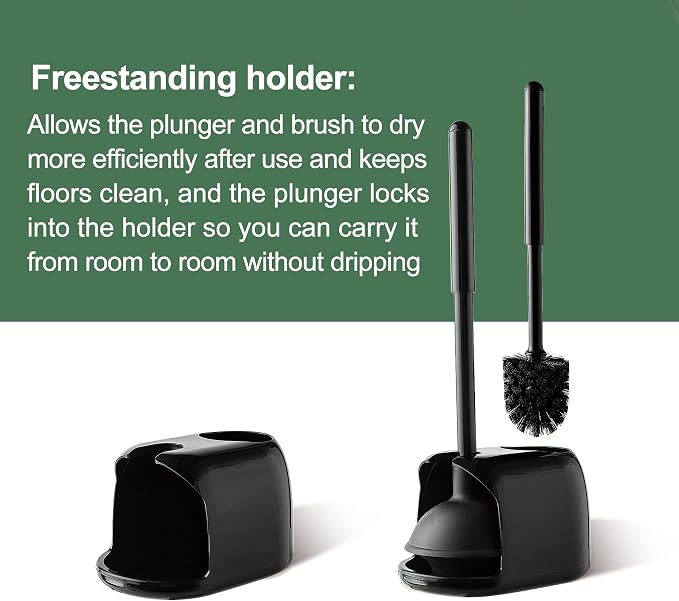 Eyliden Toilet Plunger and Brush Set, 2-in-1 Compact Holder, Black | Unclogs Toilets, Deep Cleans Bowls, Nylon Bristles, Rubber Cup, Durable Plastic Caddy, Space-Saver, Bathroom Cleaning Tools