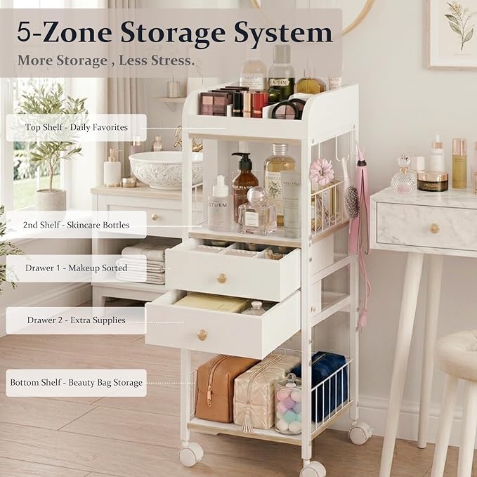 Makeup Organizer Cart, Rolling Floor Skincare Organizer and Storage with 2 Wooden Drawers, Cosmetics Display Cases Holder for Skin Care Perfume Hair Tools Nail Polish（White & Gold）