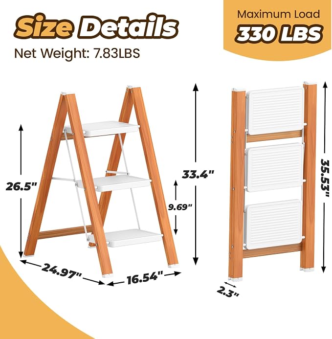 HBTower 3 Step Ladder, Lightweight Aluminum Folding Step Stool | Anti-Slip Wide Pedal, 330lbs Capacity Step Ladder for Household Kitchen Office, WhiteWoodgrain