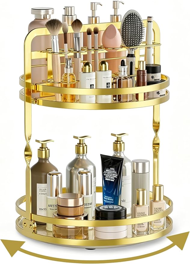 360°Rotating Makeup Organizer, Gold Bathroom Organizer Countertop | 2-Tier Bathroom Organizer Countertop, Lazy Susan Spinning Perfume Stand Vanity Tray Skincare Storage with Makeup Brush Holder