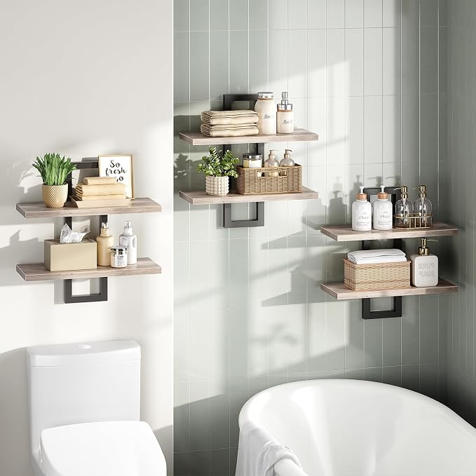 HOOBRO Floating Shelves, 15 Inch Wall Shelf Set of 3, Wall Mounted Storage Shelves 2-Tier, Hanging Bathroom Shelves, for Living Room, Bedroom, Bathroom, Kitchen, Greige and Black BG32BJP301