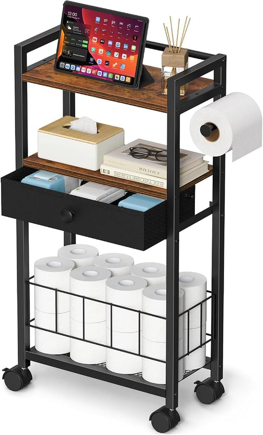 Snughome Freestanding Toilet Paper Holder with Storage Drawer, 4-Tier Rolling Toilet Paper Holder Stand with Wheels, Shelf & Basket, Bathroom Magazine Rack for Phone & Extra Rolls (Rustic Brown)