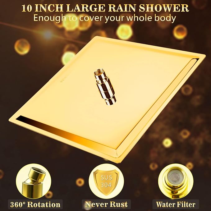 Voolan Rain Shower head, High Pressure Shower Head Made of 304 Stainless Steel, Relaxed Shower Experience Even at Low Water Flow and Pressure (10" Gold)