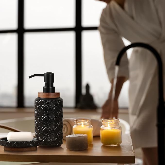 RQYIXI Ceramic 4-Piece Bathroom Accessories Set,Matte Black | Countertop Essentials Embossed Textured Design Solid Wood Non-Slip Detail Matte Black Finish