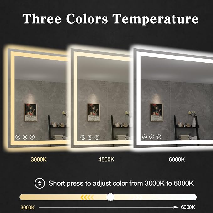 WTTY 55" x 30" LED Bathroom Mirror with Light | Anti-Fog, Dimmable, 3 Color Temperature, Memory Function, Tempered Glass, IP54 Waterproof, ETL Listed
