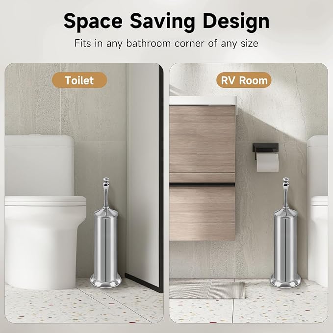 Silver Toilet Brush and Holder，Extra Long Handled Toilet Brush for Bathroom，Stainless Steel Heavy Duty Toilet Bowl Brush,Deep Cleaning Modern Toilet Cleaner Brush -Space Saving, Covered Brush