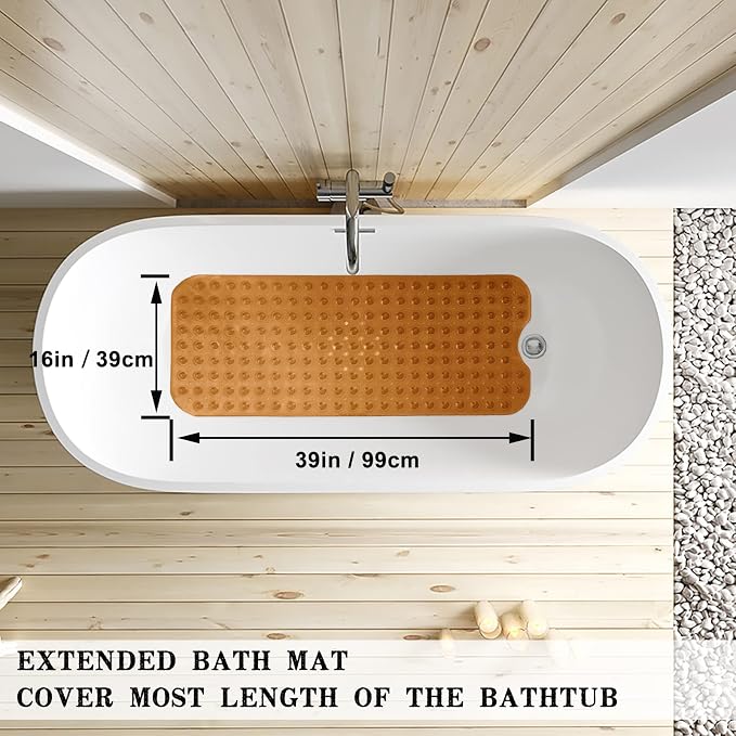 Bathtub and Shower Mats, Extra Long Non-Slip Bath Tub Mat 39 x 16 Inch, Machine Washable Bathmat with Suction Cups & Drain Holes for Bathroom Floor, Clear Brown