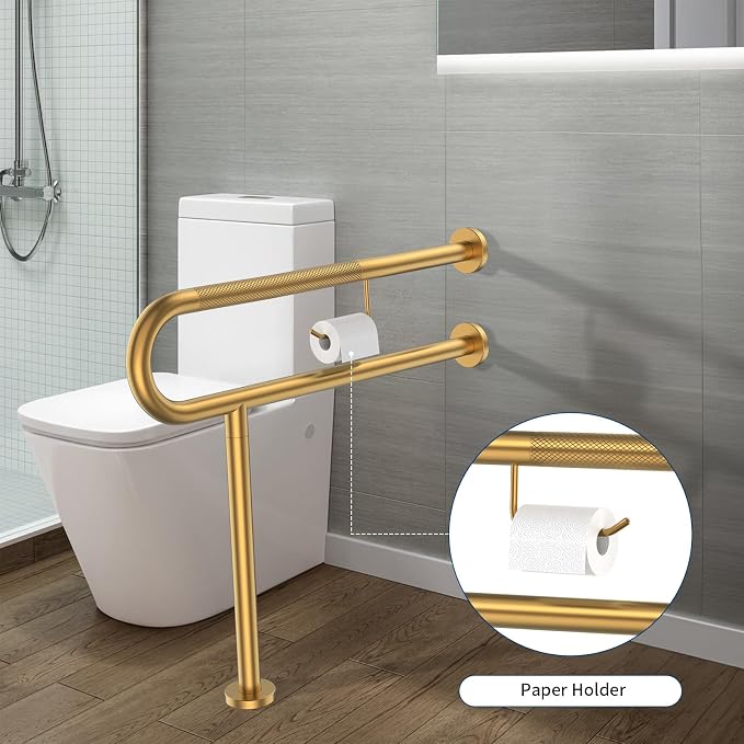 ZUEXT 31.5x28 Inch Gold Knurled Toilet Grab Bar with Toilet Paper Holder | Wall to Floor, Anti-slip Handicap Grab Bar, Stainless Steel Bathroom Support Rail with Leg, For Elderly Disabled Pregnant