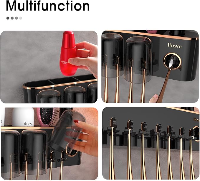 iHave Toothbrush Holders for Bathrooms Wall Mounted with Dispenser & 4 Cups | 12 Slots Wall Mount Toothbrush Holders for Bathrooms with Squeeze Toothpaste Dispenser, 4 Cups & 4 Compartments Organizer