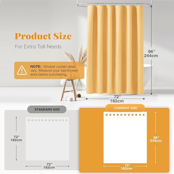 Extra Long Linen Textured Waterproof Shower Curtain Set, 72x96, Gold | Extra Tall Size, 230GSM Polyester, Heavy Duty Cloth, Weighted Hem, 12 Plastic Hooks, Modern Hotel Style, Machine Washable
