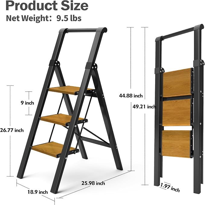 HillhutApex Aluminum 3 Step Ladder, Step Stool Foldable(Black Woodgrain) | Anti-Slip Pedals,330lbs Capacity,Lightweight Folding Ladders for Home,Office,Libaray