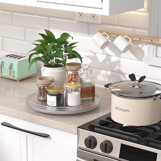 Oroyutor 12-Inch Oak Lazy Susan Decorative Tray with Silver Metal Rail | Rotating oak tray organizes spices, toiletries and decor on kitchen counters, bathroom vanities, dining and coffee tables.
