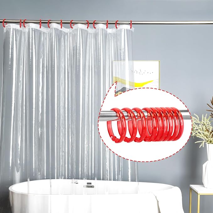 Red Shower Curtain Hooks - 12 Pcs Circular Plastic Shower Curtain Rings for Bathroom - O Shaped Transparent Red Shower Hooks Rings for Shower Curtain Rod