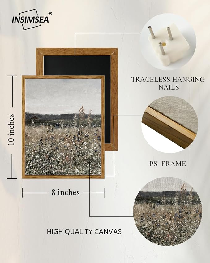 InSimSea Framed Canvas Prints Art Vintage Decor, Wildflower Field Meadow with Flowers Painting, Rustic Landscape Wall Art for Living Room Bedroom Home Bathroom, 8"x10"