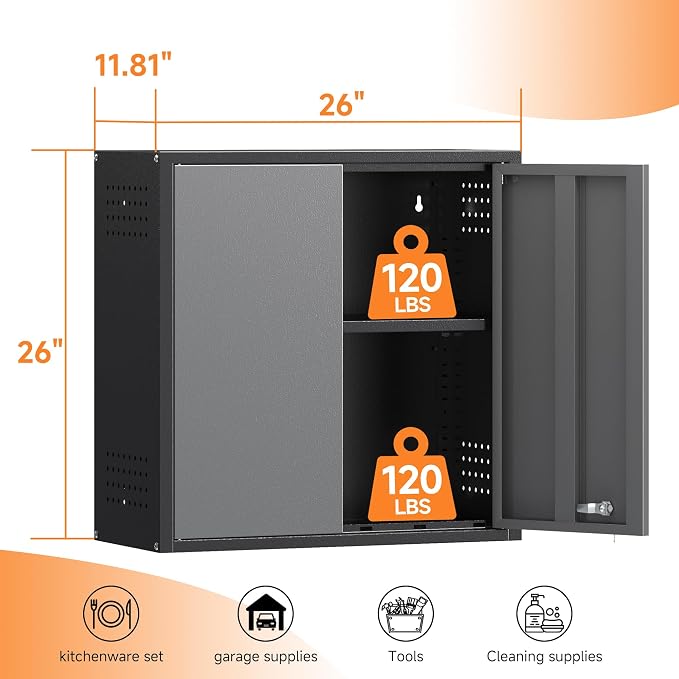 Coolsun 26" H Garage Wall Cabinet with Lockable Doors and Adjustable Shelf | Metal Wall Cabinet for Garage Assembly Required (26" H Black)