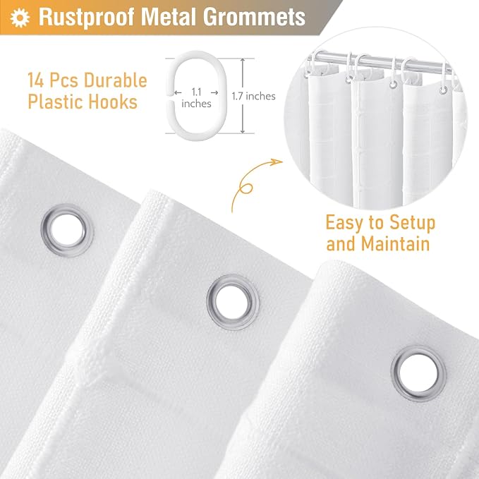 60x84 Boho Farmhouse Linen Heavy Duty Fabric Shower Curtain Set, White | Narrow Long Size, 330GSM Linen Blend, 3-side Tassels, Water Repellent Cloth, 10 Hooks, Rustic Bohemian, Machine Washable