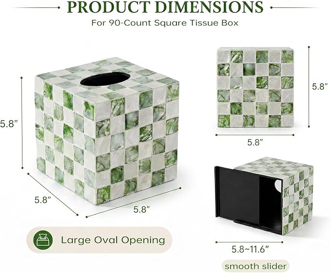 Coeusy Capiz Tissue Box Cover, Square Decorative Tissue Holder with Bottom Slider, Handmade Checkered Cube Tissue Box Cover for Bathroom Vanity,Office or Bedroom,Green