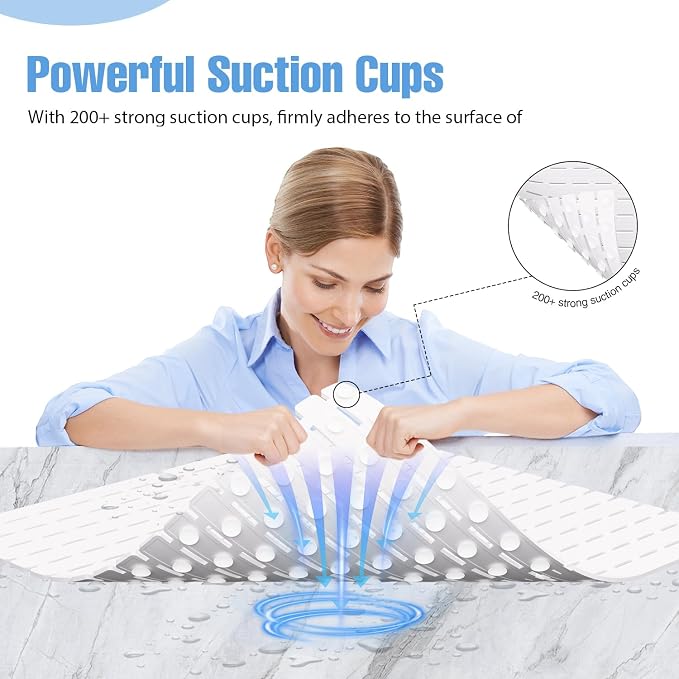 Shower Mat Non-Slip Bath Mat for Tub and Shower Stall,200+ Suction Cups with Drain Holes, Quick Dry Machine Washable, Extra Grip for Stand Up Showers, Bathroom Essentials 24x24 Inch (White)