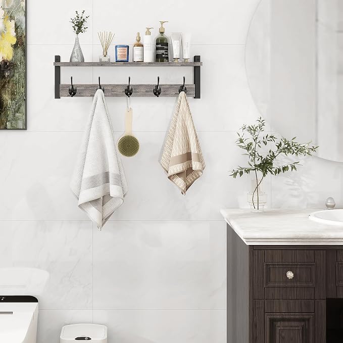Wall Hooks With Shelf, 24 Inch Coat Rack Wall Mount for Entryway, Clothes, Backpack, Key, Purse - Floating Shelf Hanging in Bathroom, Bedroom, Hallway, Rustic Grey