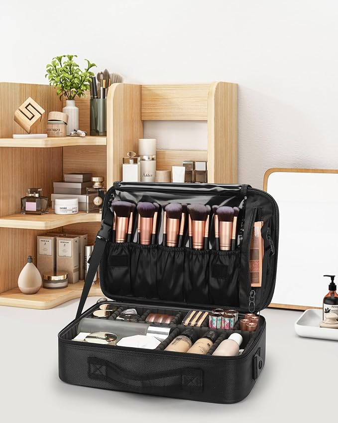 Relavel Makeup Bag Travel Train Case Cosmetic Organizer with Divider, Black | Large Storage Box with Adjustable Dividers and Brush Compartment for Cosmetics, Toiletries, Nail Polish, Jewelry, Electronic