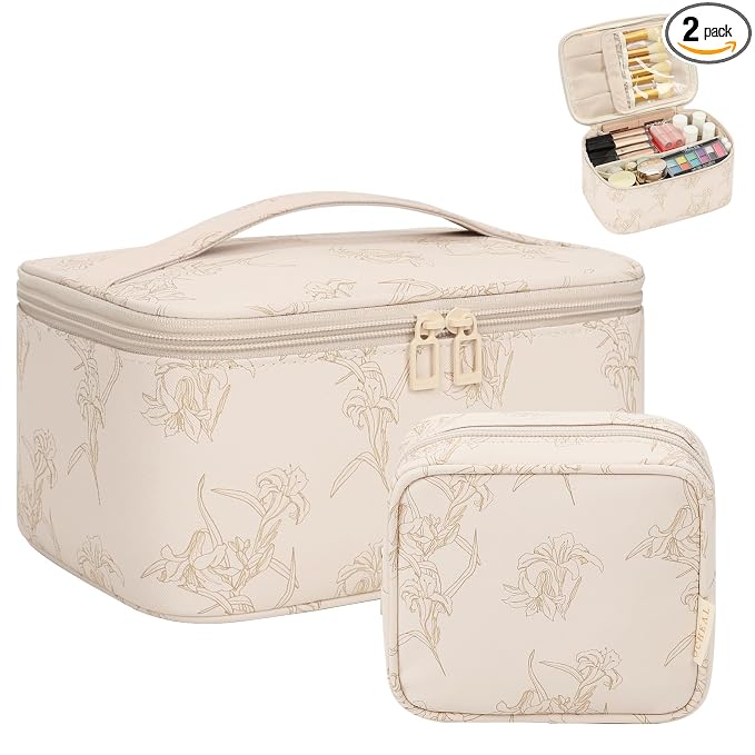 Makeup Bag Set, Portable Travel Makeup Bags Cosmetic Organizer Bag for Women Cute Floral Cosmetic Pouch Large Capacity Make up Bag PU Leather Toiletry Bags with Divider and Handle-Beige