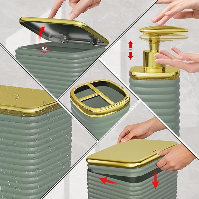 Bathroom Set - 10PC Bathroom Accessory Set, Sage Green Bathroom Set, Luxury Bathroom Accessories Set, Trash Can, Toilet Brush, Soap Dish, Qtip Holder & Soap Dispenser