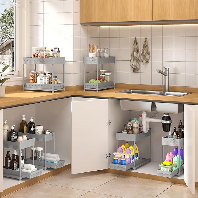 3 Pack Under Sink Organizers, 2-Tier Multi-Use Kitchen and Bathroom Organizers and Storage with Sliding Drawers, Bathroom Cabinet Organizer (Gray, 14.8 Inch) | Multi-use kitchen & bathroom storage, 14.8 inch gray cabinet organizer, space-saving sliding...