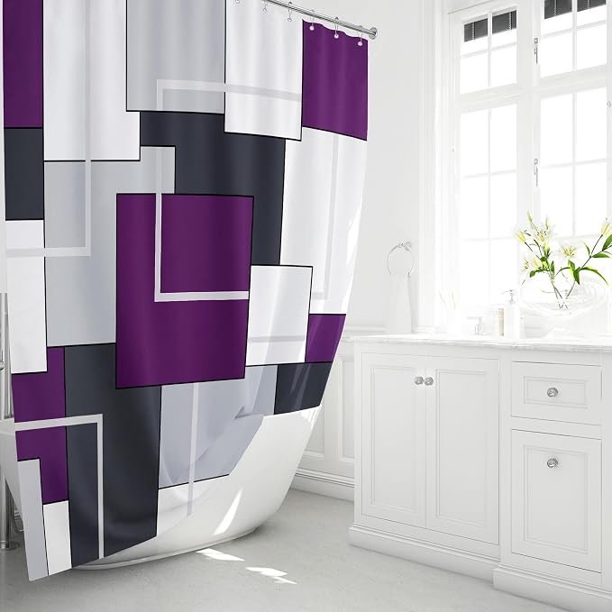 72 x 78 Long Modern Geometric Waterproof Fabric Shower Curtain, Purple | Tall Size, Premium Polyester, Weighted Hem, 12 Plastic Hook, Vibrant Color, Wrinkle-resistant, Quick-Dry, Machine Washable