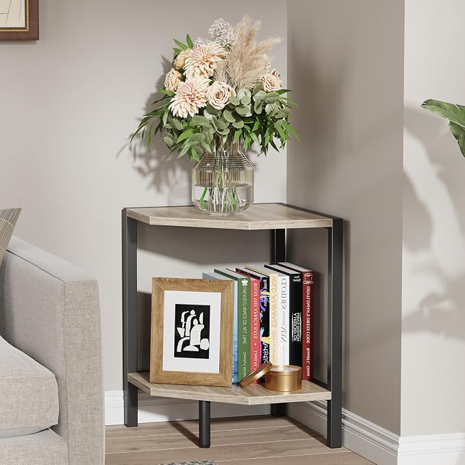 Creso hom Corner Shelf Stand, 2 Tier Industrial Corner Bookshelf | Multipurpose Standing Corner Display Shelf Countertop Organizer for Living Room Kitchen Bedroom Office, Greige