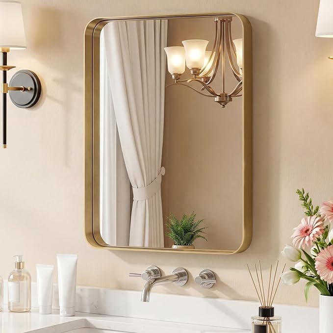 32x24 Inch Bathroom Mirror for Over Sink, Vanity Mirror | Metal Framed Rounded Rectangle,for Wall, Farmhouse, Restroom, Anti-Rust, Horizontal or Vertical Hanging, Gold