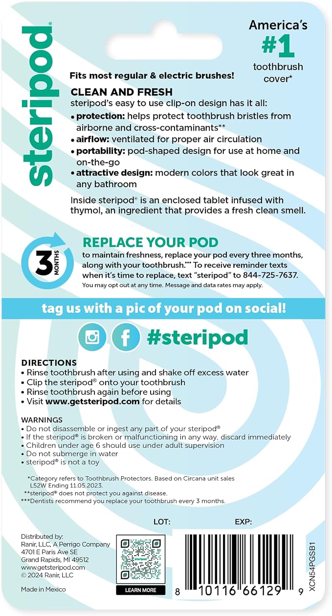 Steripod Clip-On Toothbrush Protector,Green and Blue,2 Count (Pack of 12)