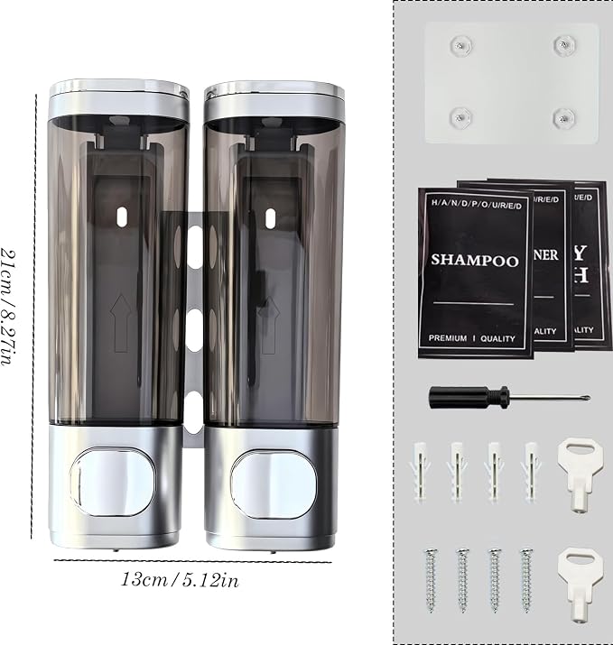 2-Chamber 10oz/300ML Silver Plastic Hand Wall Mounted Soap Dispensers | Refillable Shampoo Conditioner Shower Dispenser No Drill, Clear Manual Pump Dispenser for Bathroom Hotel Kitchen