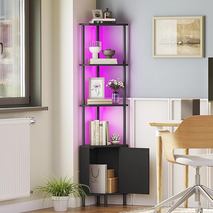 HOOBRO Corner Cabinet with LED Light, Corner Shelf Stand with Storage and Doors, 5-Tier Industrial Corner Bookshelf, 59” Tall Display Rack Shelf, for Living Room, Kitchen, Black BB147DCJ01