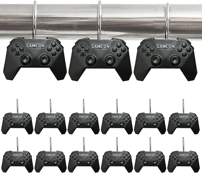 12 Pcs Game Theme Shower Curtain Hooks for Gamers Bathroom Decor | Video Game Controller Curtain Hooks Boys Gaming Bathroom Kids Bedroom Playroom Console Resin and Stainless Steel Hook