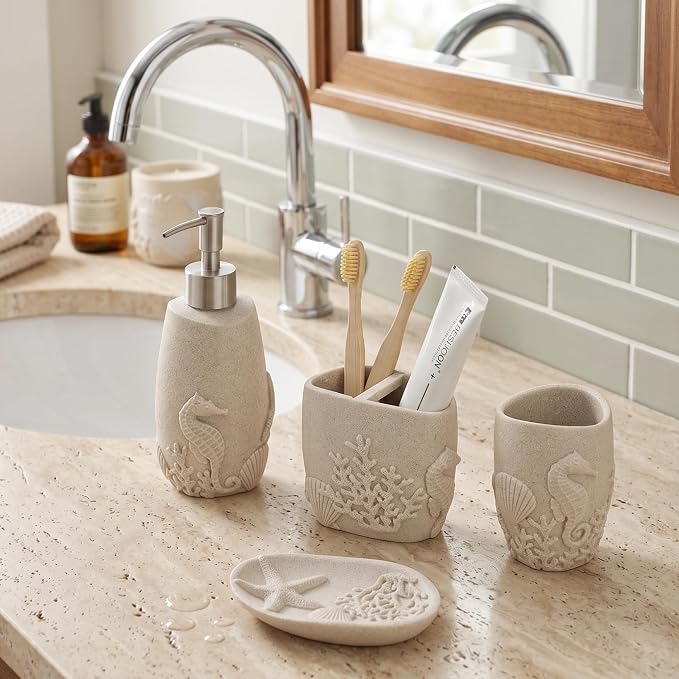 Bathroom Accessories Set, 4 PCS, Sea Bathroom Decor, Sandstone Look Beige | Ocean Theme,With 10OZ Soap Dispenser, Toothbrush Holder, Tumbler, Soap Dish, For Bathroom Countertop Organizer