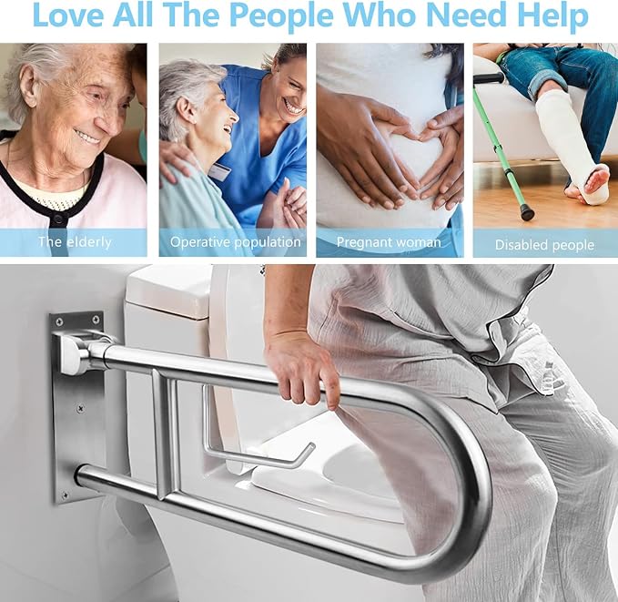 Toilet Grab Bar Stainless Steel Handicap Rails Grab Bars Bathroom Support for Elderly Disabled Safety Hand Railing Guard Frame Shower Assist Aid Handrails Hand Grips (29.5 Inches with Paper Holder)
