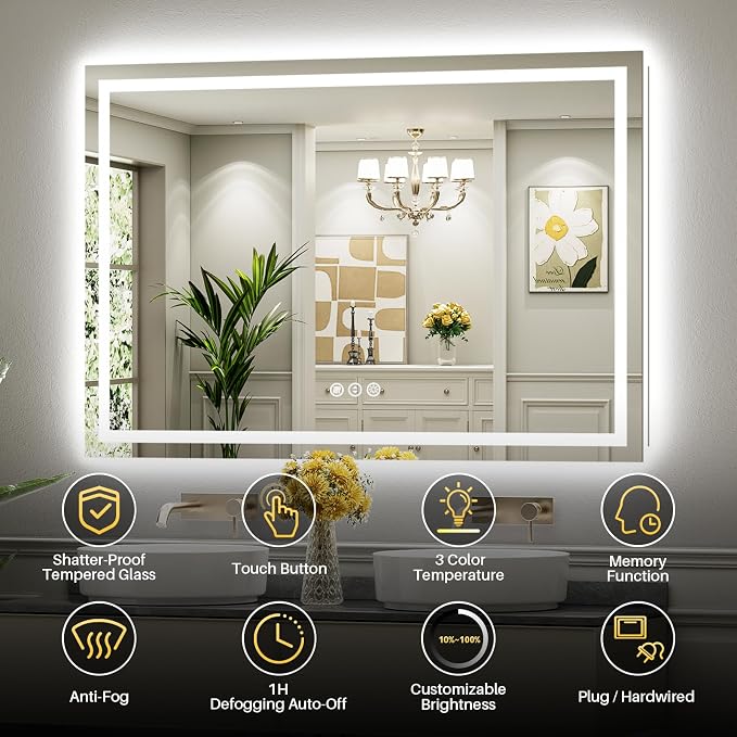 77x36 Inch LED Bathroom Mirror with Lights, Backlit & Front Lit | Anti-fog, 3 Color Dimmable, Memory Function, HD Reflection Tempered Glass, ETL Listed, IP54 Waterproof