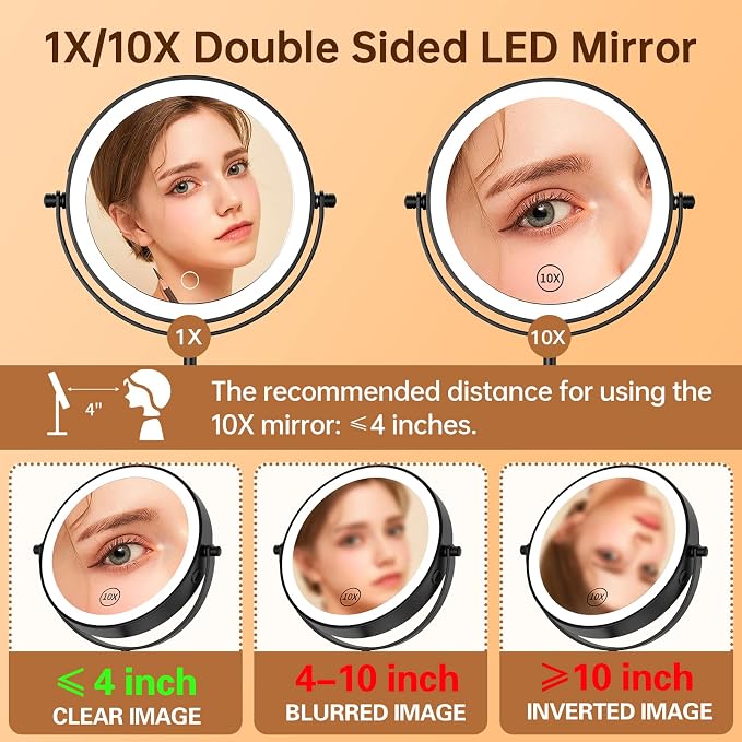 Gospire 7" Lighted Makeup Mirror, 1X/10X Magnification, Height Adjustable | 3 Color Dimmable Lights, 360° Swivel, Double Sided, Rechargeable LED Cosmetic Vanity Mirror, Cordless Standing Mirrors