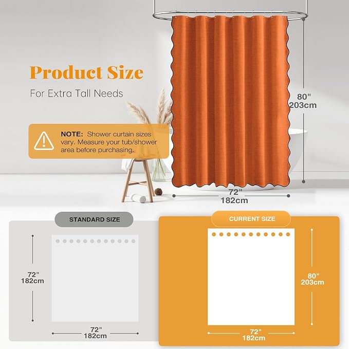 72x80 Boho Scalloped Linen Textured Cloth Shower Curtain, Burnt Orange | Long Size, 230GSM Waterproof Polyester, Heavy Duty Fabric, 12 Plastic Hooks, Elegant Modern Farmhouse Style, Machine Washable