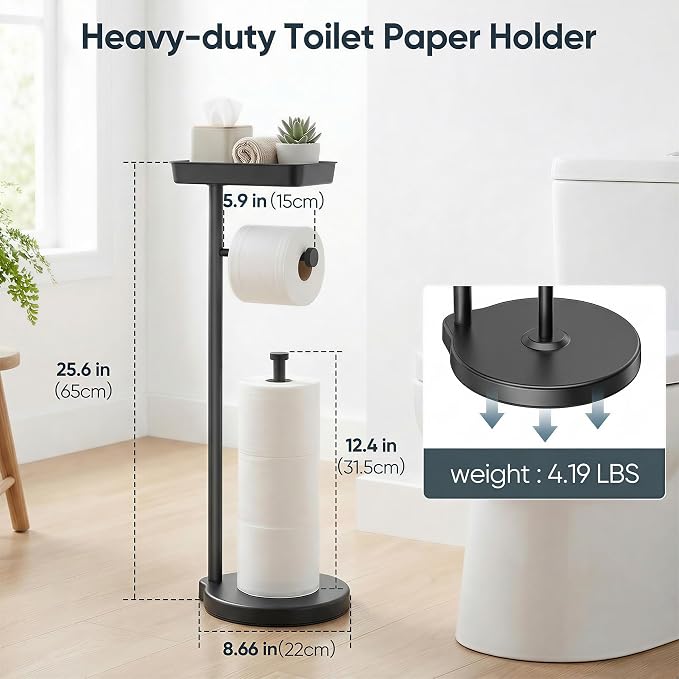 theaoo Toilet Paper Holder Stand with Shelf, Flushable Wipes Dispenser, Free Standing Toilet Tissue Roll Storage Rack Organizer for Bathroom (Black, Free Standing - with Storage)