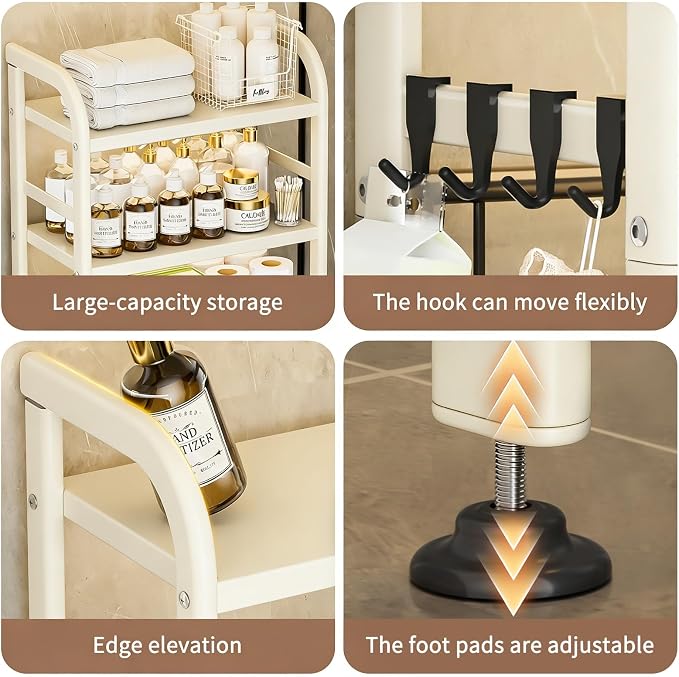 Over The Toilet Storage Rack, Space Saver for Small Bathroom, Cream | 3 Tier Freestanding Shelf Organizer, Heavy Duty Oval Tube, 4 Hooks, Metal, Sturdy Above Toilet Storage,Rustproof,Suction Cup