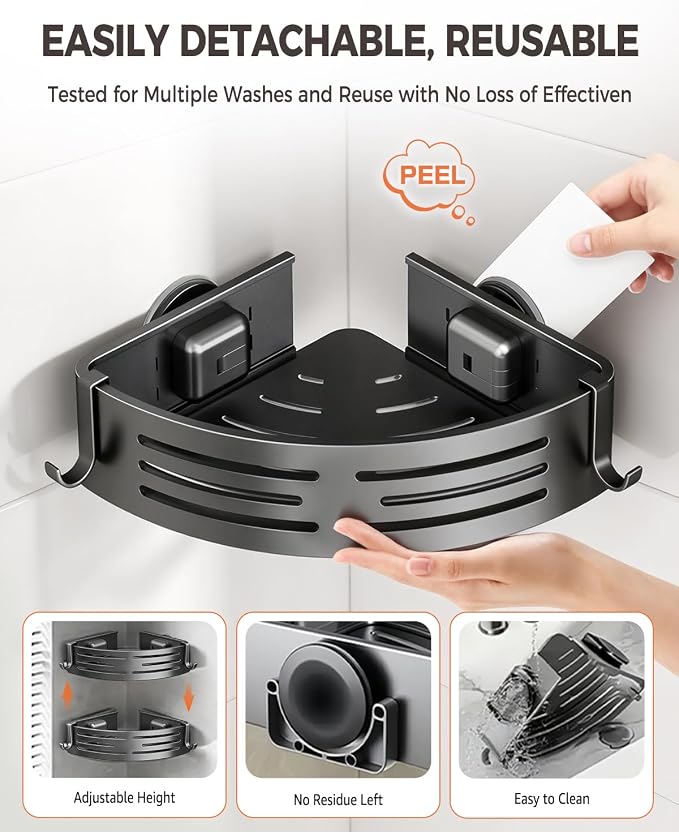 Conworld Corner Shower Caddy Suction Cups, No-Drilling Corner Shower Shelf | No Drilling, No Wall Damage, Aluminum, Rustproof, Suitable for Ceramic Tiles and Glass Walls