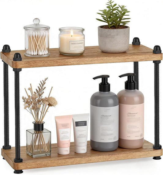 Mkono Bathroom Counter Organizer, 2 Tier Rustic Wood Countertop Sink Shelf | Light Brown, Skincare Makeup Spices Mugs Perfume Holder, Vanity Bedroom Kitchen Coffee Bar Office Storage Decor, Space-Saving