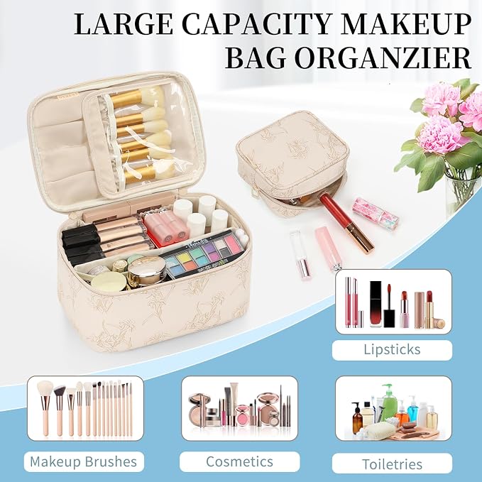 Makeup Bag Set, Portable Travel Makeup Bags Cosmetic Organizer Bag for Women Cute Floral Cosmetic Pouch Large Capacity Make up Bag PU Leather Toiletry Bags with Divider and Handle-Beige